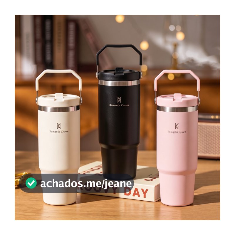 ROMANTIC CROWN Garrafa Térmica 900ml Inox com Bico e Alça Flip Tumbler para Academia e Trabalho