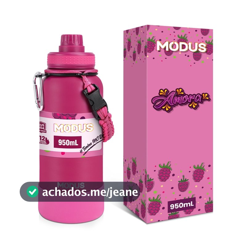 MODUS Garrafa Térmica 950ml Feminina  Cor Rosa Estampa Amora Com Alça de Paracord Resistente Mantém Frio e Calor