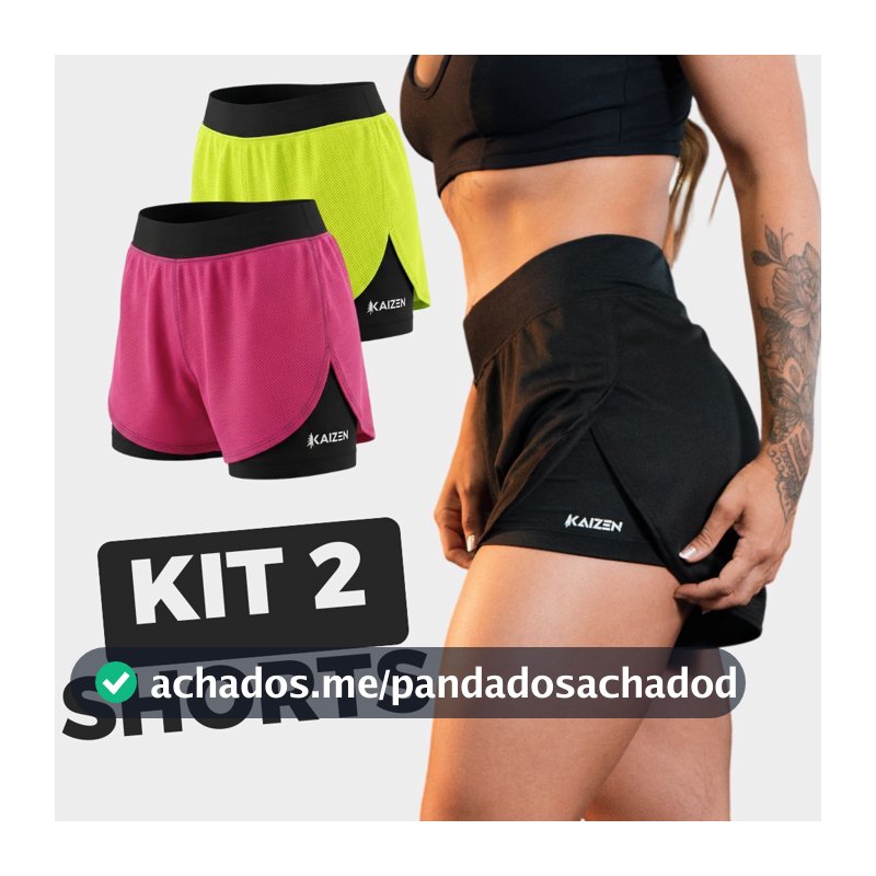 KIT COM 2 SHORTS FEMININO 2 EM 1 FEMININO DRY FIT C/ Bolso Porta Celular Kaizen Academia, Treino