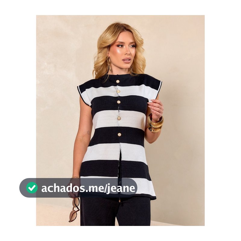 Colete Regata Feminino Tricot Modal  Listrado Botões Fenda Lateral Tendencia Verão 2026