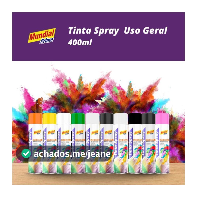 Tinta Spray 400ml Mundial Prime Uso Geral | Preto/Branco Fosco/Brilhante + Amarelo, Rosa, Verde