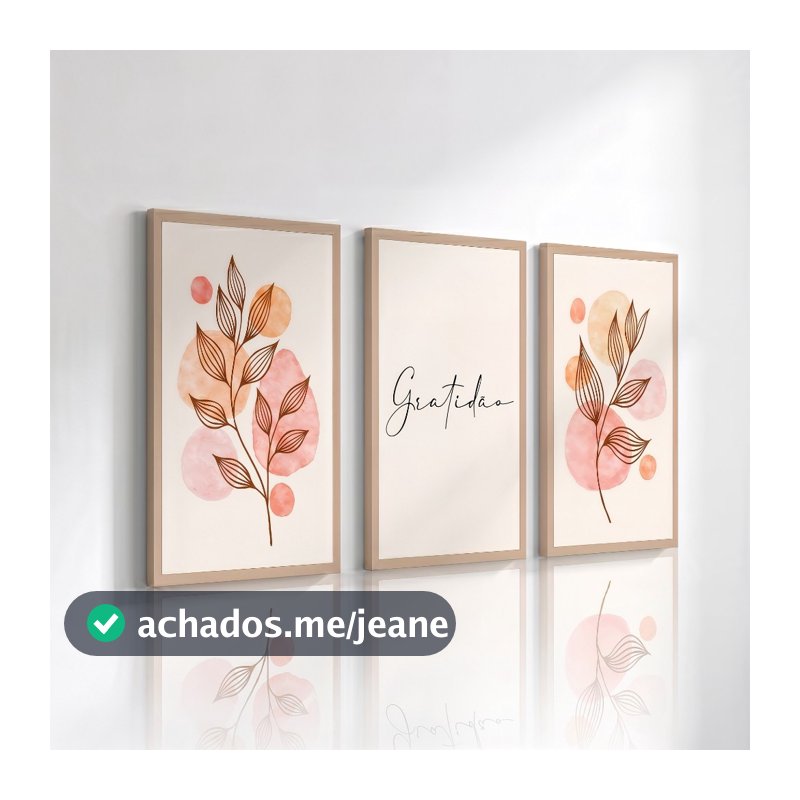 Quadro Decorativos 3 peças Folhas Delicadas Gratidão