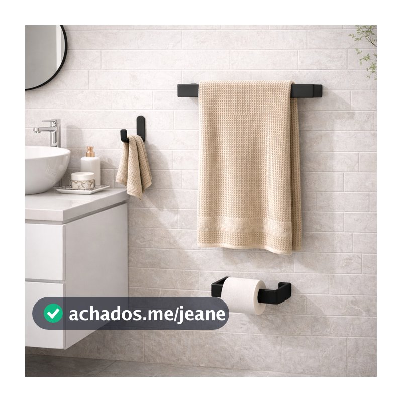 KIT Suporte Toalha rosto + Porta Papel + Gancho - Acessórios Banheiro Preto Fosco 3M VHB Sem Furos