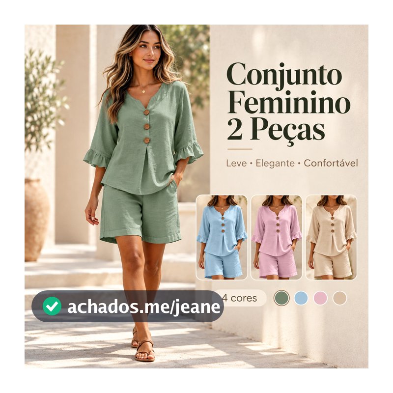 Conjunto Feminino Novo de Top e Shorts em Algodão-Linho Casual com Botões, Decote em V, Babados e Manga Três-Quartos