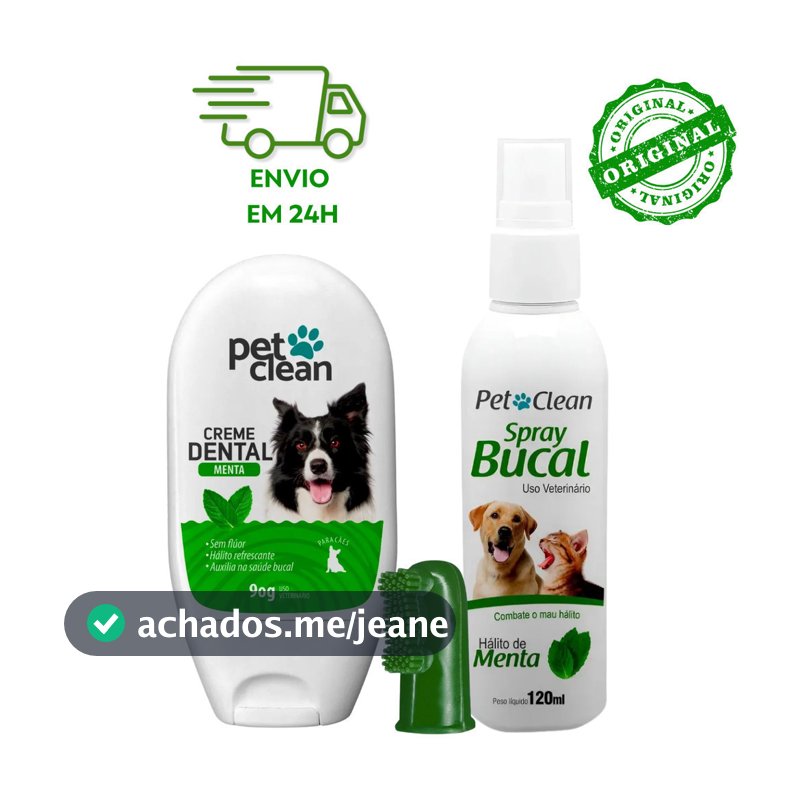 Kit Higiene Bucal Cachorro Gato Pet Clean Menta Creme Dental 90g Spray 120ml Escova Dedeira Previne Tartaro