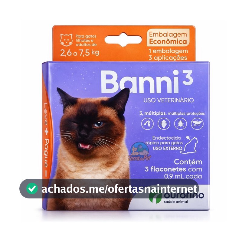 Kit com 3 Antipulgas Sarna Vermifugo Gatos Banni 3 Ourofino 2,6 A 7,5kg