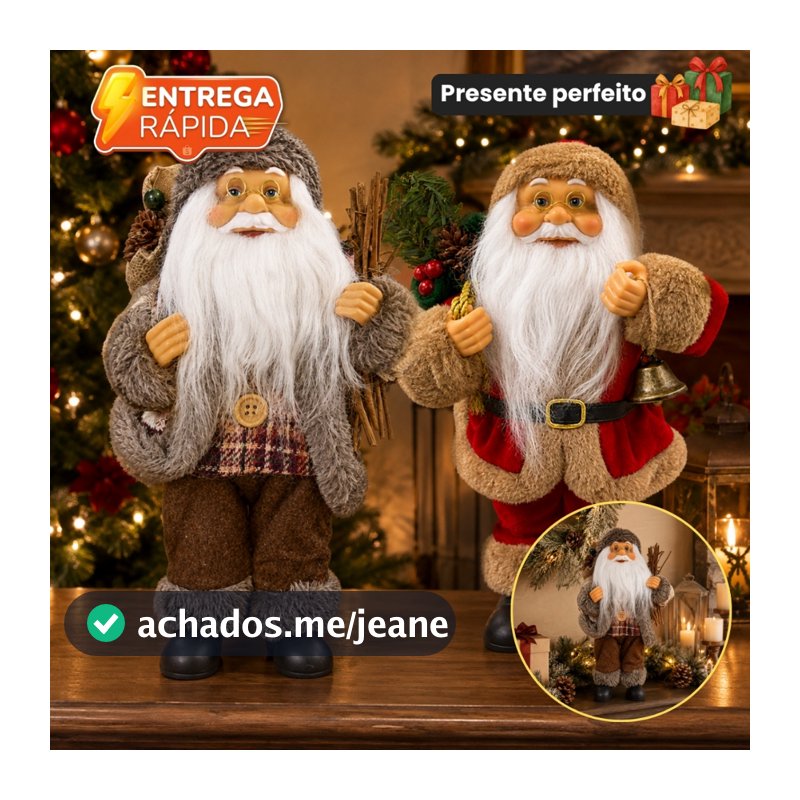 Papai Noel Decorativo Rústico 25cm Boneco Enfeite Natalino Segurando Lenha Óculos Presente Mesa Estante Sala Aparador