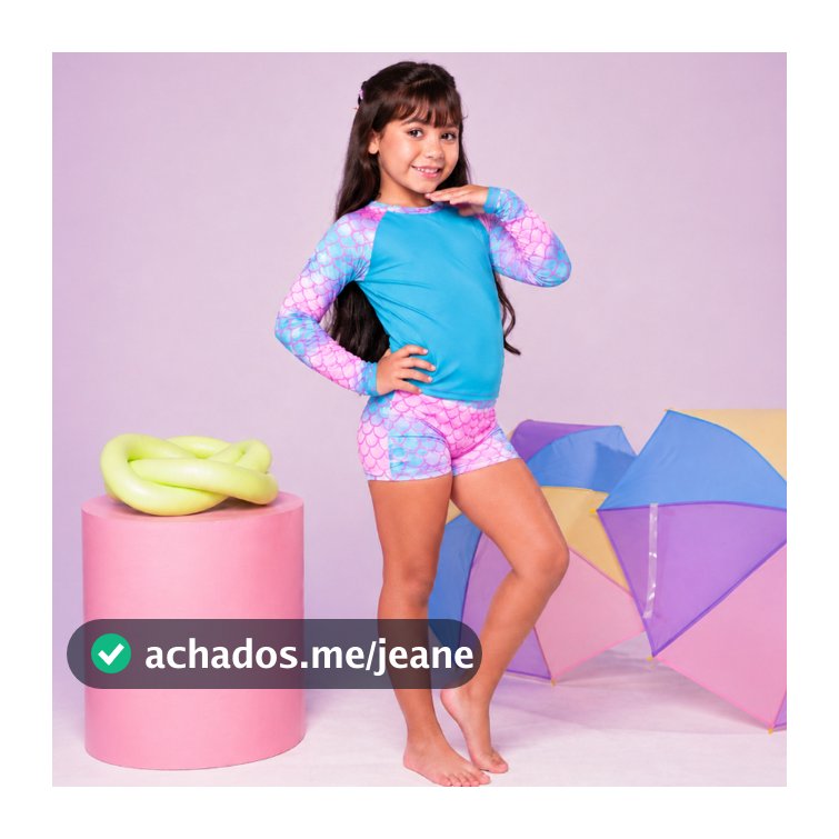 Conjunto Sereia Moda Praia Piscina Infantil Menina Camisa Manga Longa e Shortinho do 2,4,6,8,10 Anos