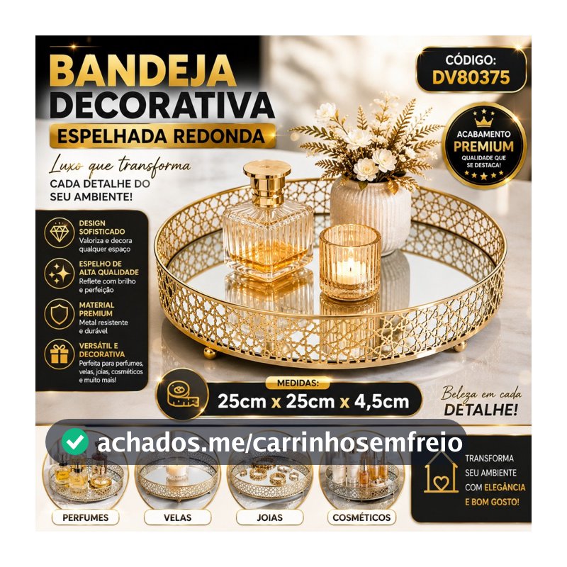 Bandeja Decorativa   Com Espelho Redonda Ou Quadrada - Bandeja para Perfumes Maquiagem Lavabo Banheiro Sala e Quarto