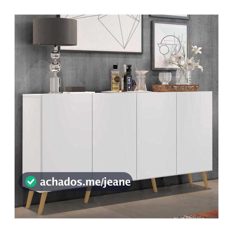 Aparador Buffet Balcão 4 Portas com Pés Retrô Multiuso Veneza Multimóveis Branco/Natural