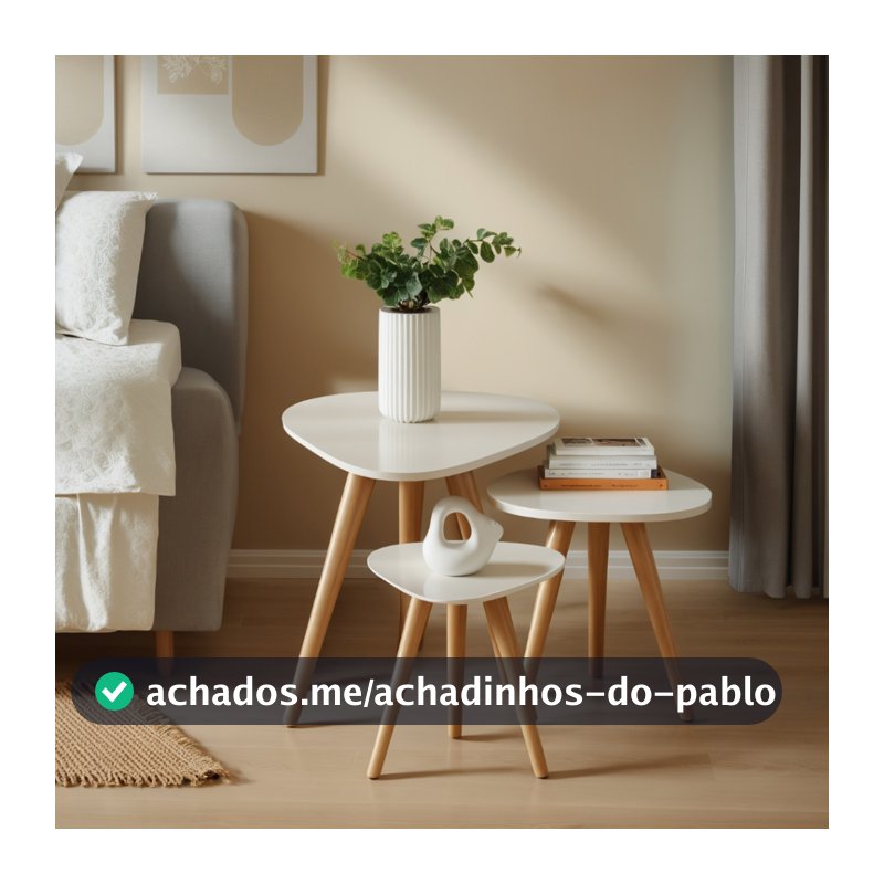 Kit Trio Jogo de Mesinhas Lateral Sala Pé Palito Retro Tampo Orgânico Casa
