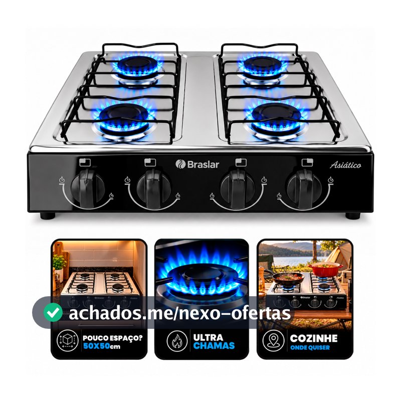 Fogão Cooktop De Mesa Portátil A Gás 4 Bocas Braslar