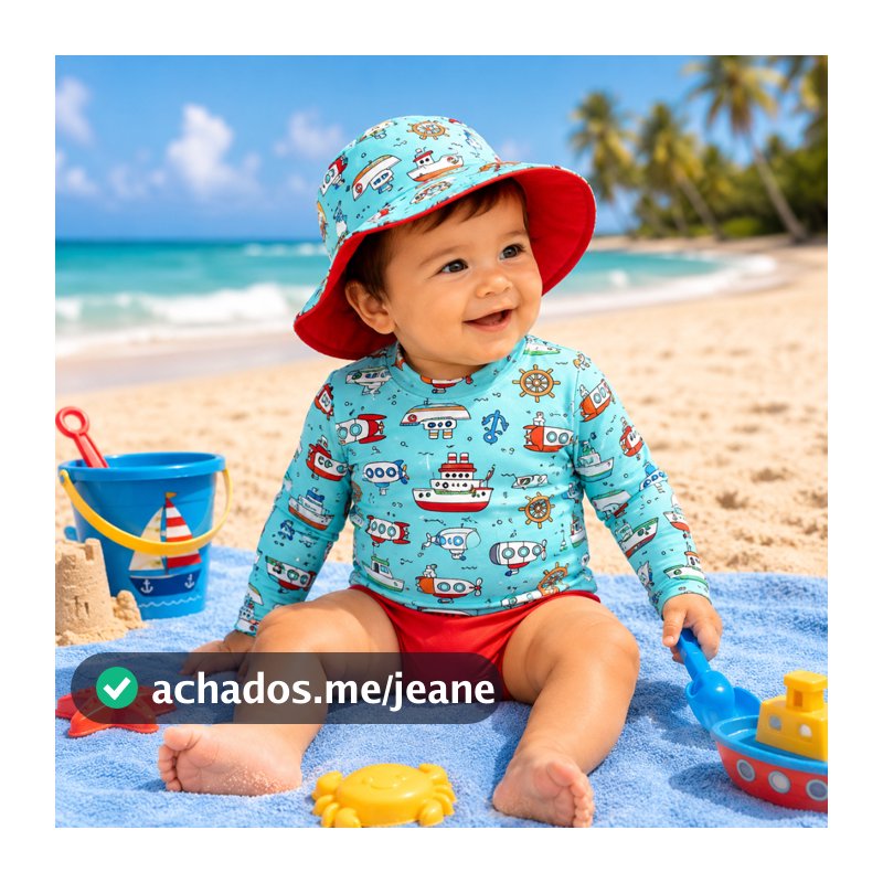 Kit Blusa com Proteção Solar UV50 + Tapa Fraldas + Chapéu Bebê e Infantil Moda Praia Meninos Diju