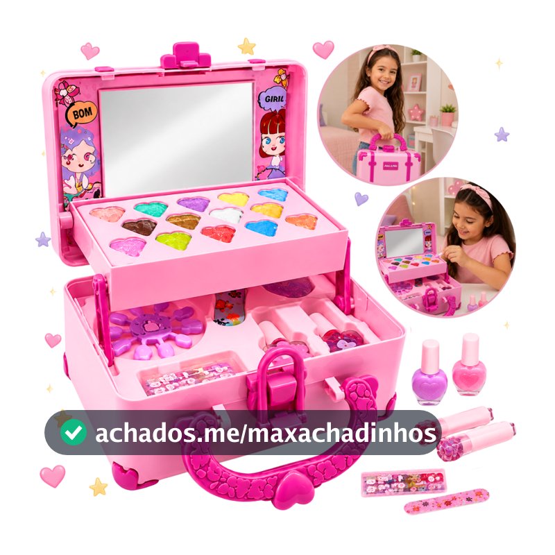 Maleta De Maquiagem Infantil Lavável Com Espelho Kit Completo 32 Peças Antialérgica Presente Menina