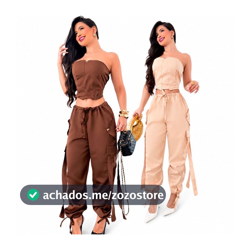 Conjunto Calça parachute + cropped amarração alfaiataria