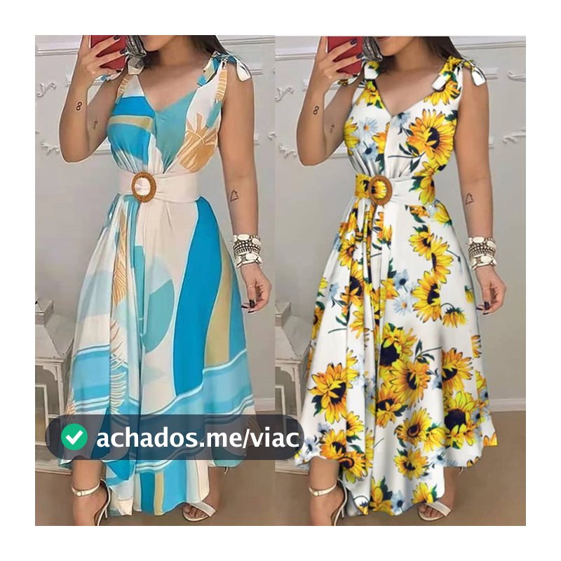 Vestido Longo Feminino Floral Boho Estampado Cinto Balanço Sem Mangas Com Decote Em V