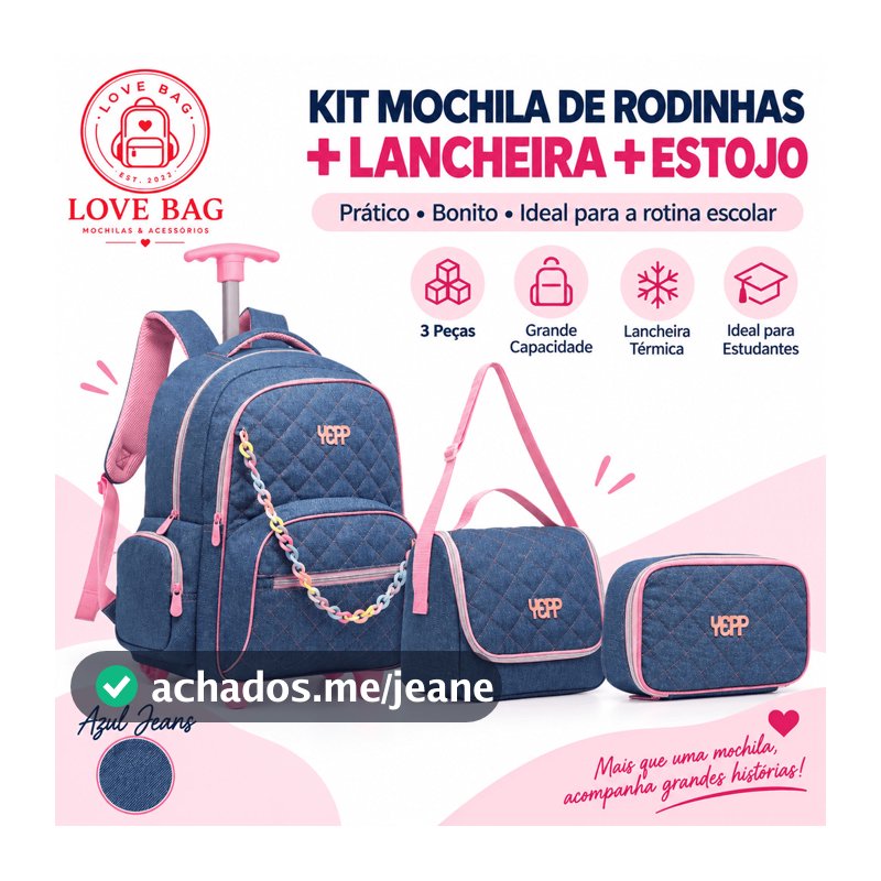 Kit Mochila Grande Jeans Rodinha Com Estojo Box Lancheira Térmica Escolar Juvenil Feminina