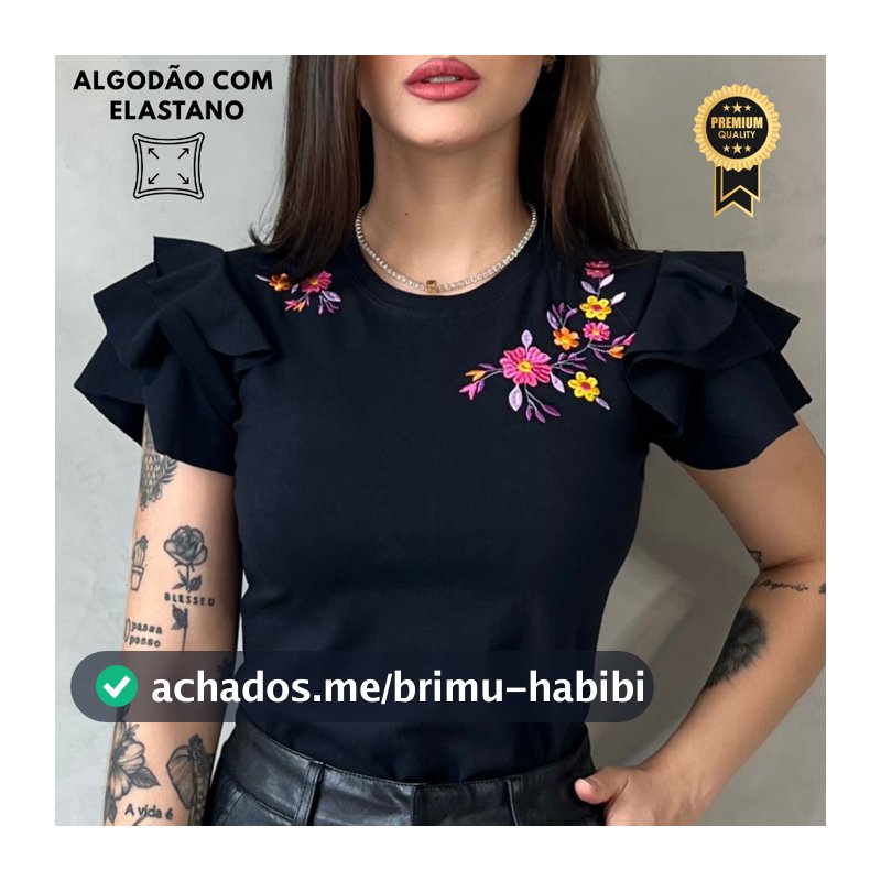 Blusa Tshirt Feminina Luxo Algodão Premium Bordada Elegante Manga Babado