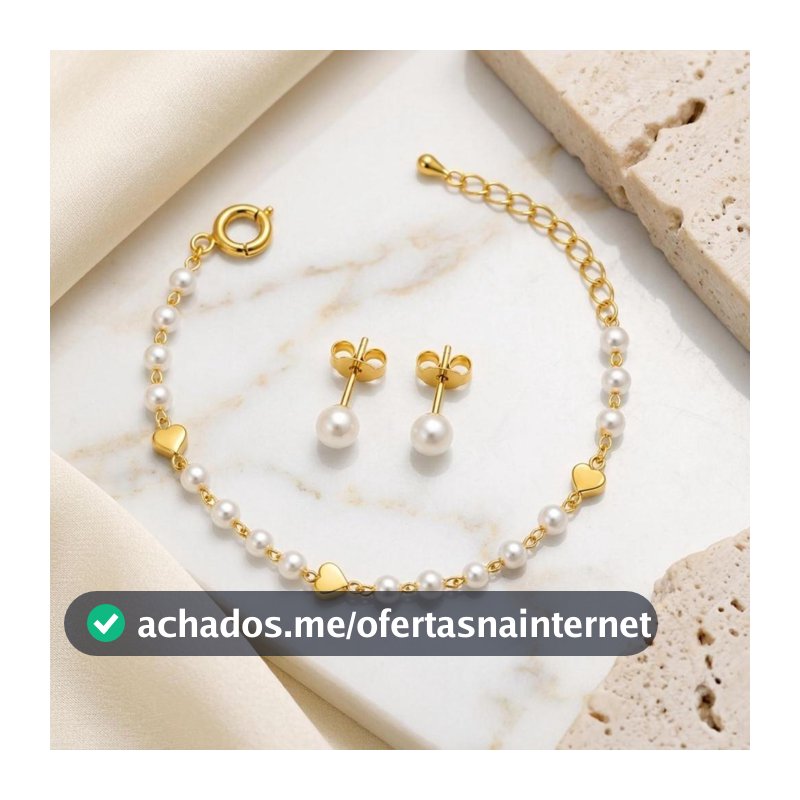 Kit Infantil Pulseira E  Brinco Pérola Coração Banhado a Ouro Delicado Feminino