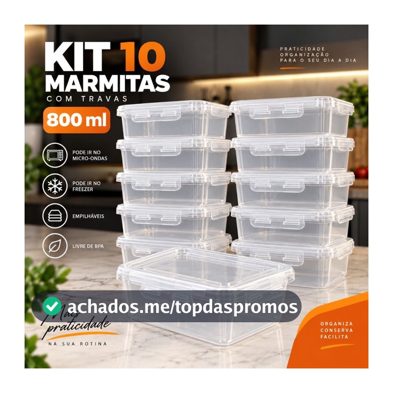 Kit Com 10 potes 800ml Tampa Com Trava Marmita Fitness Lavavel Freezer Microondas Durável BPAFree