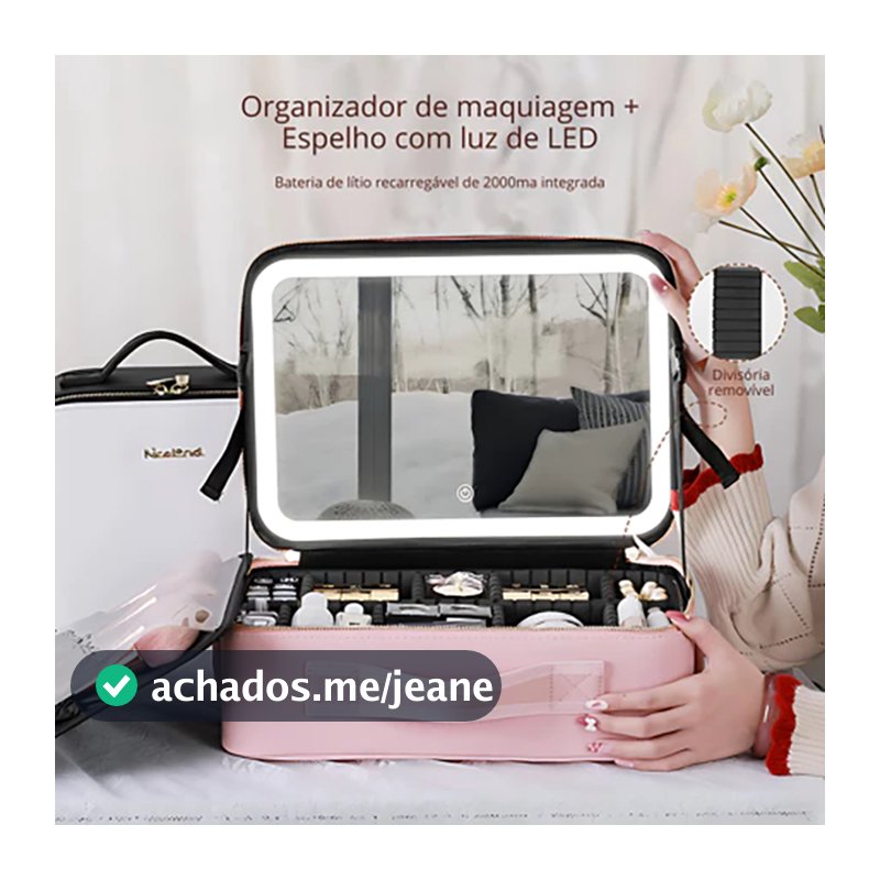 Maleta de Maquiagem GRANDE com Espelho e Luz LED – Praticidade, Estilo e Organização 26x23x10,5cm -Q10
