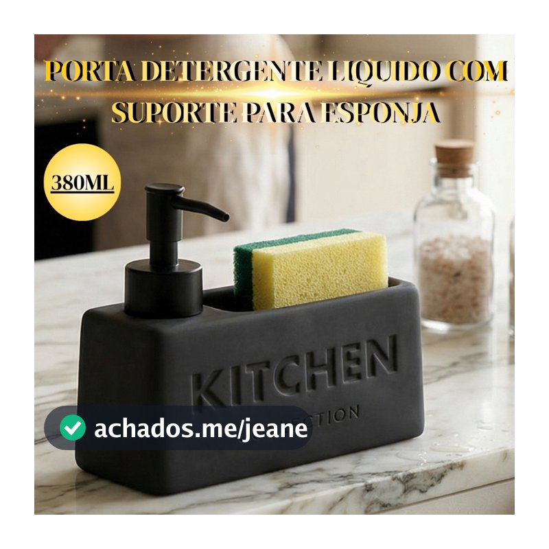 Porta Detergente Liquido Com Suporte Para Esponja De Cozinha Soft Touch Cinza 380ml Cerâmica - Wolff