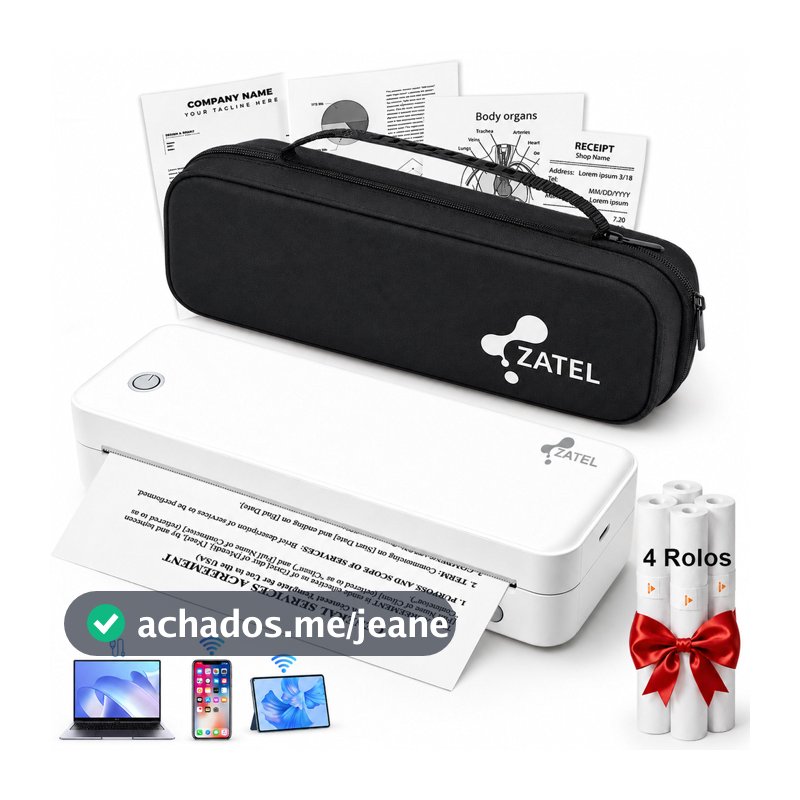 ZATEL Impressora Térmica A4 Bobina Bluetooth Portátil Printer App Celular Recarregavel Usb