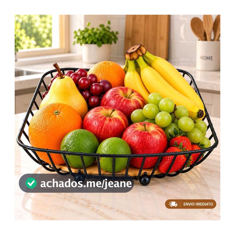 Fruteira de Mesa Quadrada  Preta com Base de Bambu - Organizador de Frutas para Cozinha