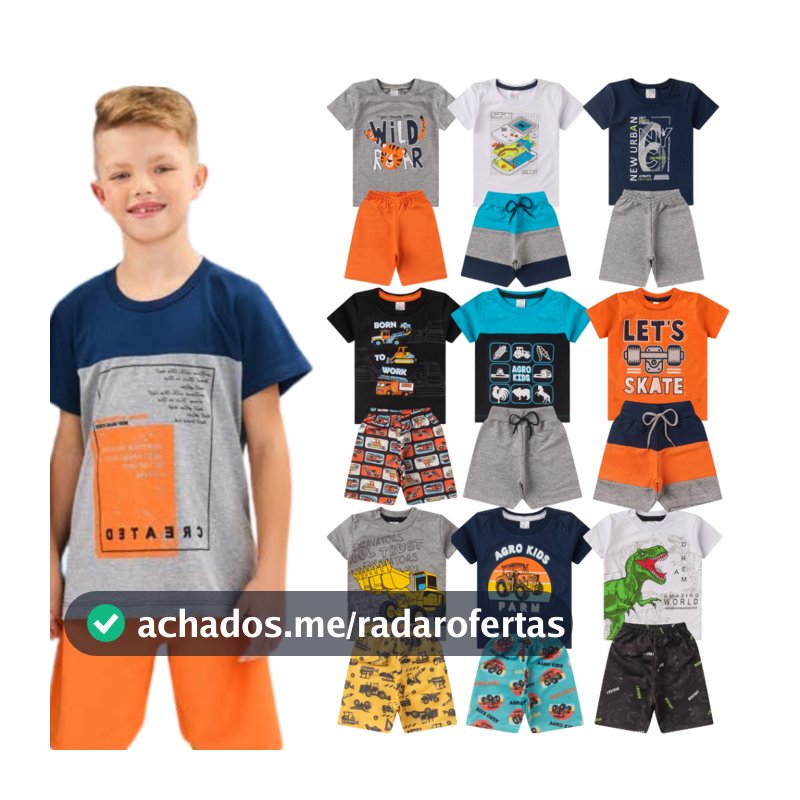 KIT C/10 Peças Camiseta + Shorts Verão 5 Conjuntos Infantil Menino Tamanho 1 ao 14