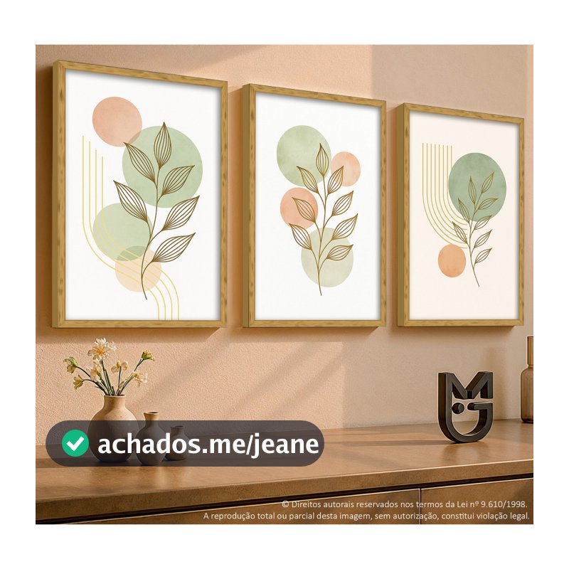 Quadro Decorativo 3 Peças Abstrato Geométrico Verde Rosa Decoração Sala Quarto Escritório