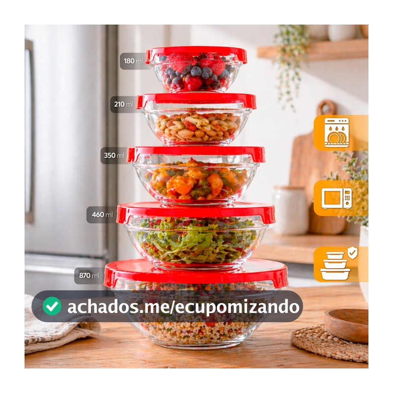 Kit 5 Tigelas de Vidro RedondasTampas Herméticas Potes Cozinha e Armazenamento