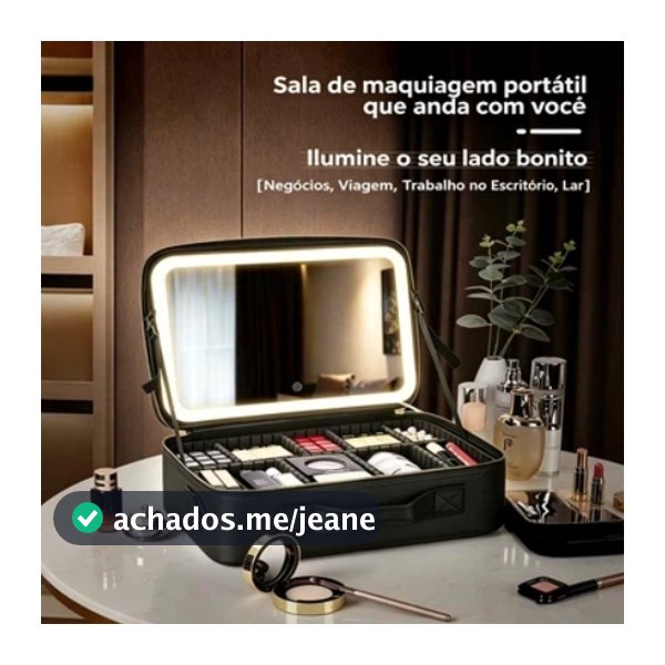 Nécessaire de Couro com Espelho LED 3 Cores de Luz e Divisórias Ajustáveis para Cosméticos