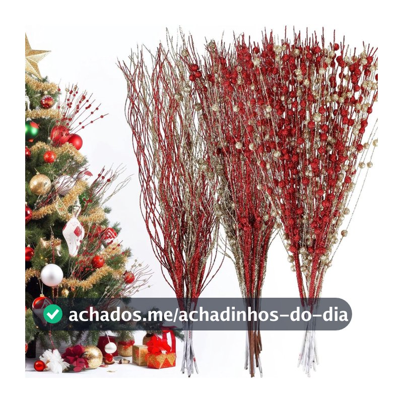 Kit 10 Galho Natalino Vermelho 15 Ramos, 43 CM , Enfeite para Árvore de Natal, Guirlanda e Arranjos