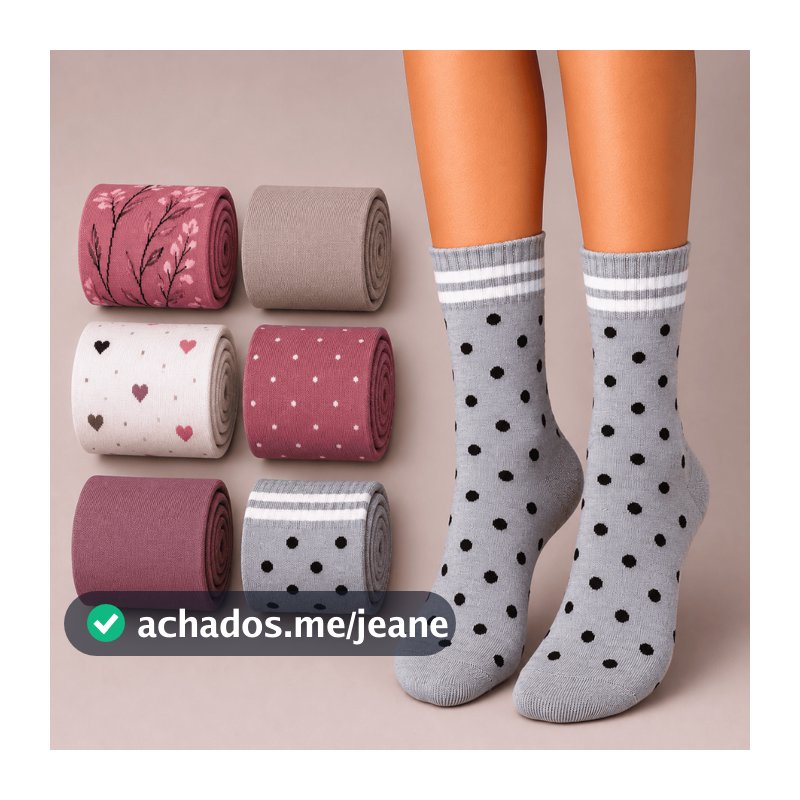 Kit 6 Pares de Meia Feminina Cano Alto Tecido de Algodão Confortável e Macio Estampas e Cores Sortidas