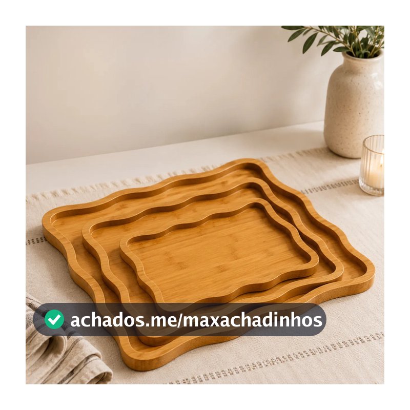 Kit 3 Bandejas Retangulares MDF Onduladas Decorativas Servir Frios Petiscos Mesa Cozinha CHEF D