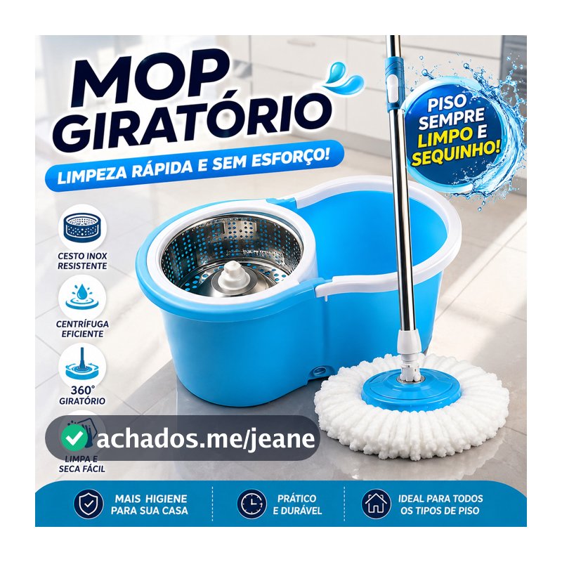 Mop desaguador automático giratório 360° Cabo aço Inox Cesto aço Inox com balde