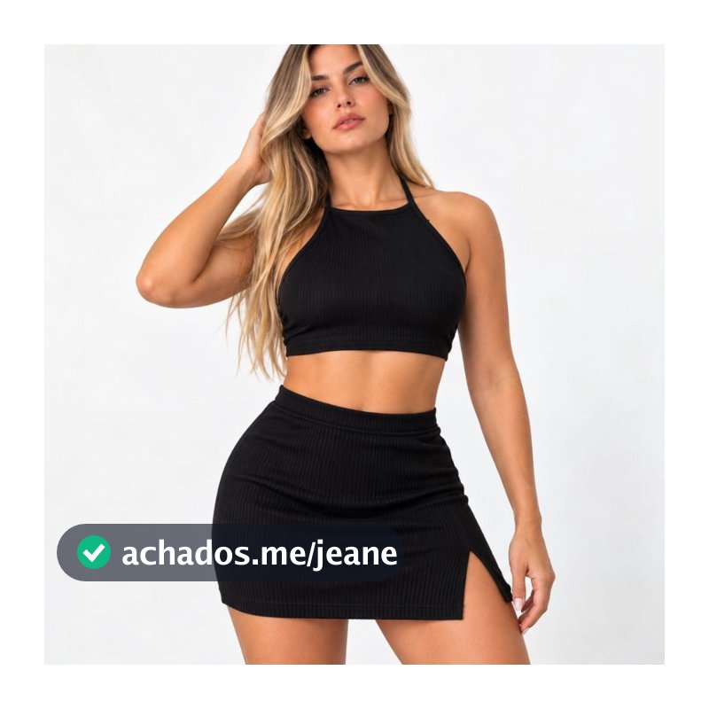 Conjunto Feminino Cropped Frente Única + Saia Curta Canelada com Fenda Lateral Cintura Alta