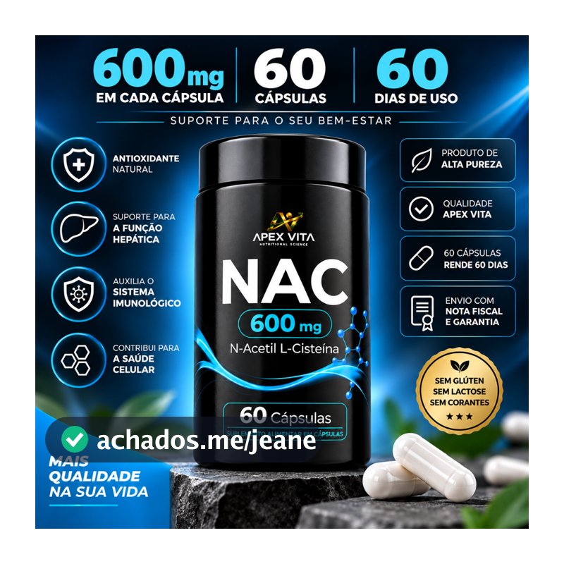 NAC 600mg N-Acetil L-Cisteína Apex Vita 60 Cápsulas 60 dias | Antioxidante, Saúde do Fígado e Imunidade