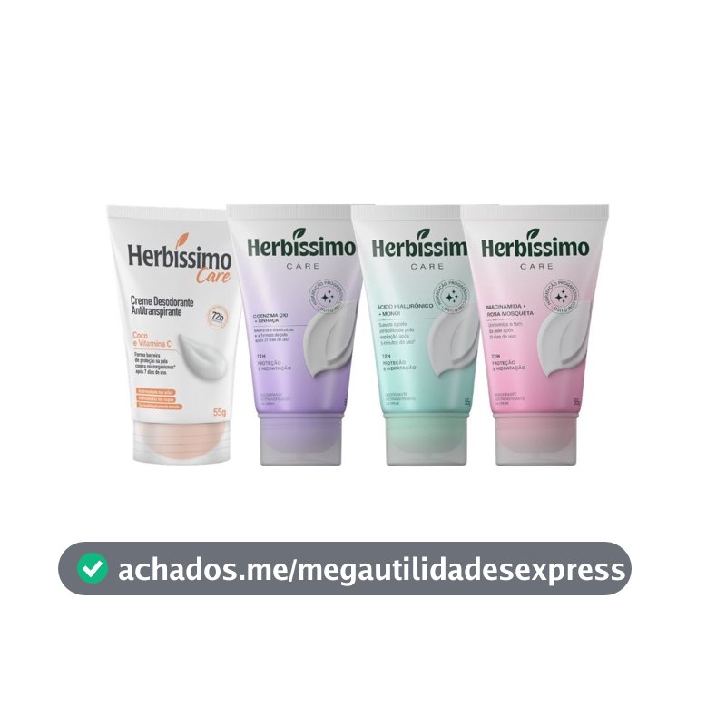 Kit Desodorante Creme Antitranspirante Herbíssimo Care Bisnaga | Rosa Mosqueta + Monoí + Coco + Linhaça 55g (4 unidades)