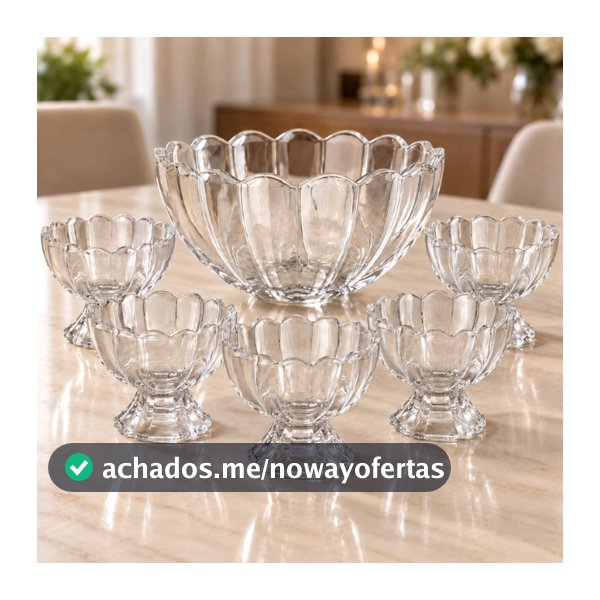 Kit 7 Pecas Bowl com 6 Tacas de Vidro Para Sobremesa Wolff Conjunto para Doces Mesa Posta Cafe e Receber Praticidade Uso