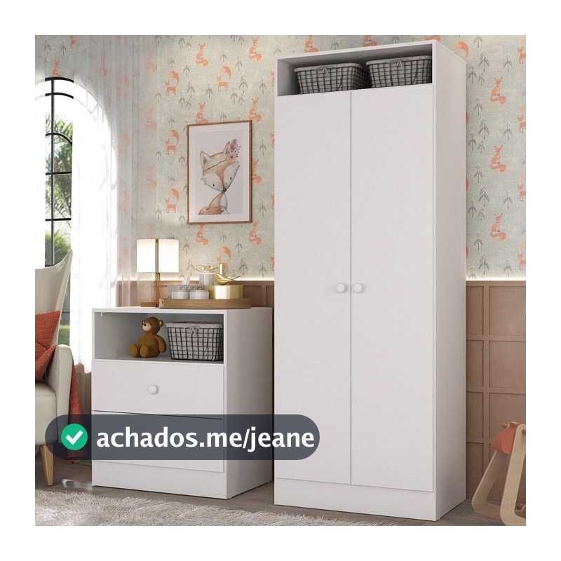 Quarto Infantil para Bebê Guarda Roupas 2 Portas com Cômoda 2 Gavetas Pimpolho Multimóveis Branco