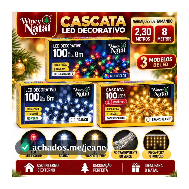 Cascata 100 Led's Decoração Natal Festas 8m Fixo 127v/220v