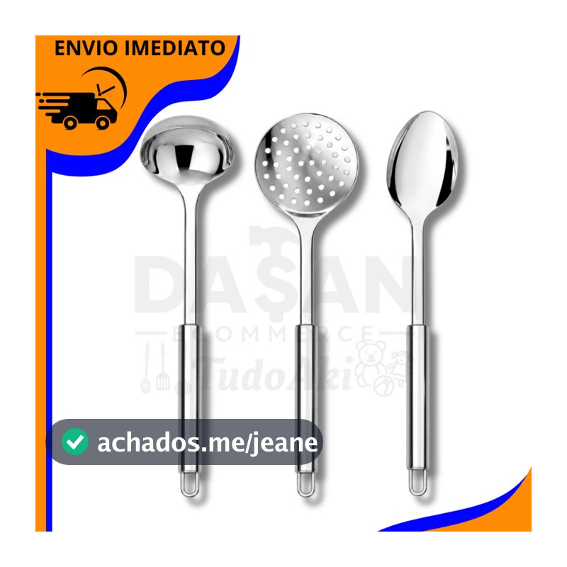 Kit 3 Utensílios De Cozinha Inox Premium Completo, Colher, Concha, Escumadeira