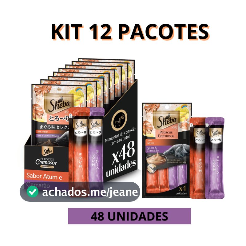 Churu Snack Sheba Cremoso Atum e Camarão para Gatos kit 12 pacotes total 48 un