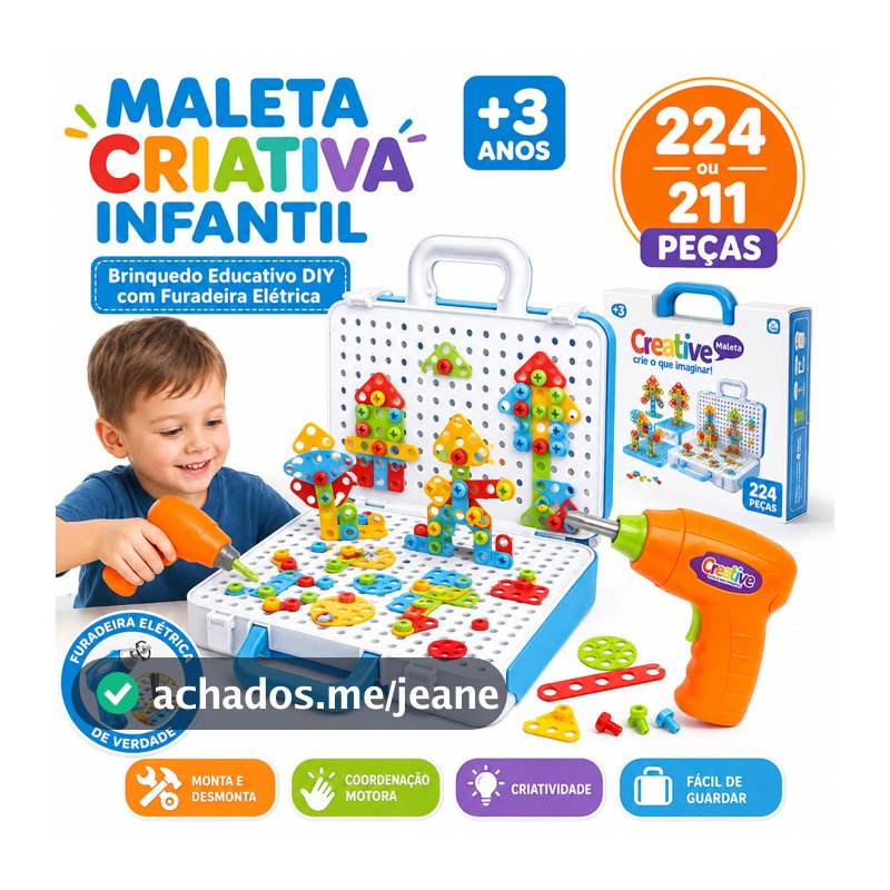 👉 Maleta Criativa Infantil 224 Peças com Furadeira Elétrica Educativa Montar Brinquedo DIY