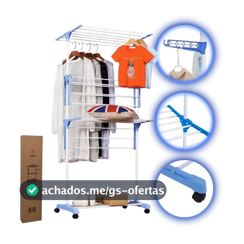 Varal Magnow Reforçado 3 Andares Dobrável Com Rodas p/ 10Kg