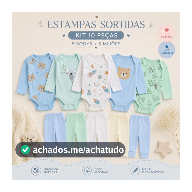 Kit 10 Peças Roupinhas de Bebê Body Longo Liso ou Estampado e Mijão
