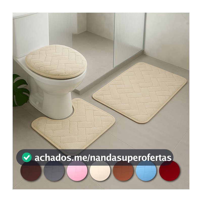 Kit Jogo 3 Peças Tapete Banheiro Premium Estampas Toque Macio Peluciado Antiderrapante Várias Cores