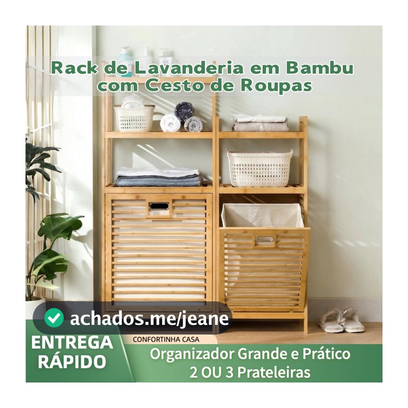 Rack de Bambu para Lavanderia com Cesto de Roupas 2 ou 3 Prateleiras | Organizador Grande