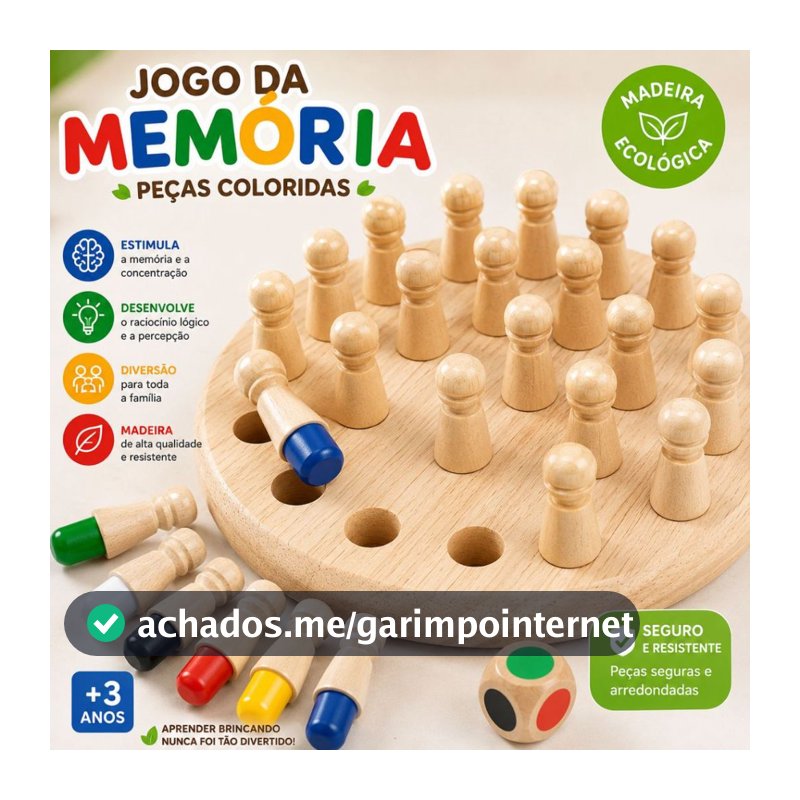 Jogo da Memória em Madeira Educativo Infantil Montessori Pinos Coloridos e Dado Brinquedo Pedagógico